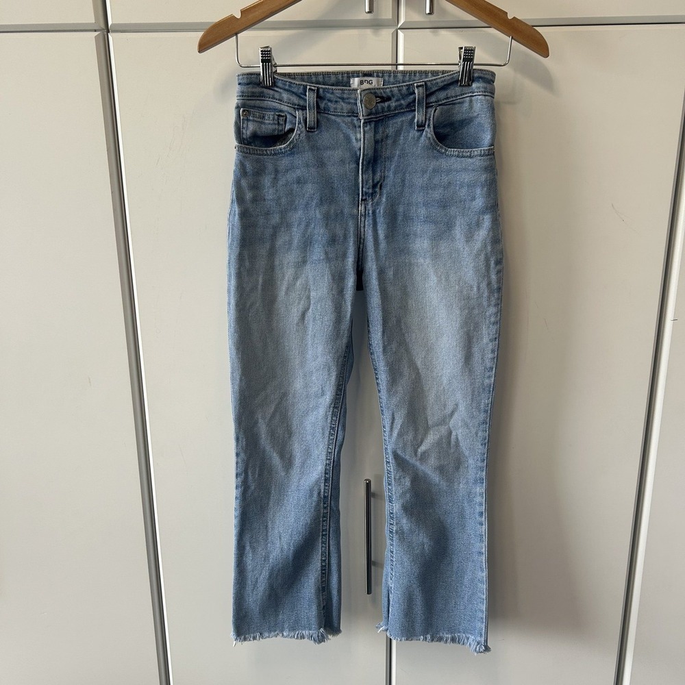 BDG Urban Outfitters High Waisted Kick Flare Jeans Light Wash Blue Raw Hem 25